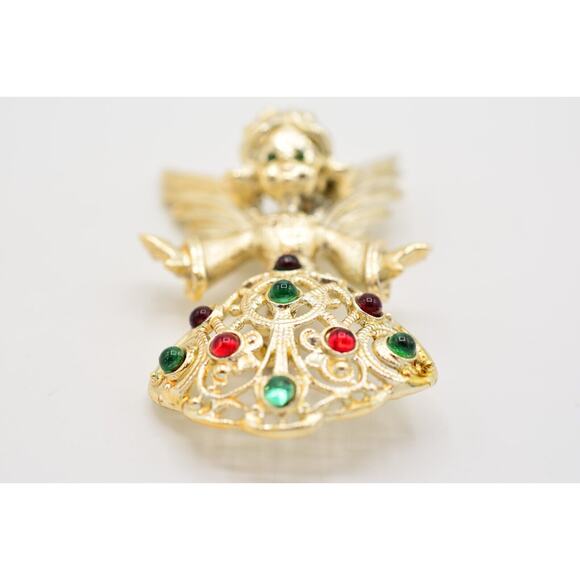 Tancer II Vintage Angel Pin Brooch Red Green Cabochon Christmas Signed Bin5B - Picture 5 of 12